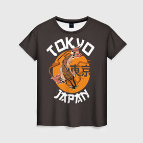 Женская футболка 3D с принтом Токио в Курске, 100% полиэфир ( синтетическое хлопкоподобное полотно) | прямой крой, круглый вырез горловины, длина до линии бедер | carp | city | country | fashio | fish | gold | great | hieroglyphs | japan | koi | sun | symbol | tokyo | акварель | большое | город | графика | золотая | иероглифы | иллюстрация | карп | картинка | кои | мода | рисунок | рыбка | символ | солнце