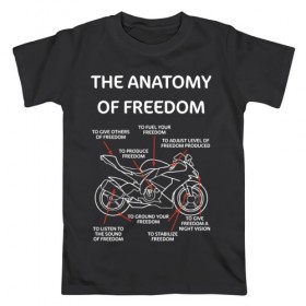 Мужская футболка хлопок с принтом The anatomy of freedom в Курске, 100% хлопок | прямой крой, круглый вырез горловины, длина до линии бедер, слегка спущенное плечо. | анатомия | байкер | колёса | мотоцикл | свобода | скорость | схема