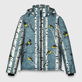 Мужская зимняя куртка 3D с принтом Синички на берёзах в Курске, верх — 100% полиэстер; подкладка — 100% полиэстер; утеплитель — 100% полиэстер | длина ниже бедра, свободный силуэт Оверсайз. Есть воротник-стойка, отстегивающийся капюшон и ветрозащитная планка. 

Боковые карманы с листочкой на кнопках и внутренний карман на молнии. | Тематика изображения на принте: bir | birds | branches | fly | sit | tits | акварель | берёзы | ветки | графика | зима | идёт | иллюстрация | картинка | кузнечик | летят | мода | молодежная | мороз | новый год | птицы | рисунок | рождество | сидят | синий