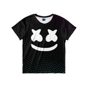 Детская футболка 3D с принтом MARSHMELLO Black в Курске, 100% гипоаллергенный полиэфир | прямой крой, круглый вырез горловины, длина до линии бедер, чуть спущенное плечо, ткань немного тянется | Тематика изображения на принте: black | marsh | marshmallow | marshmello | marshmelo | mello | music | smile | диджей | лого | маршмеллов | маршмеллоу | маршмеллу | маршмело | маршмелов | маршмелоу | музыка | музыкант | трэп | улыбка | хаус