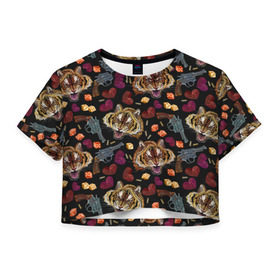 Женская футболка Cropp-top с принтом Тигры в Курске, 100% полиэстер | круглая горловина, длина футболки до линии талии, рукава с отворотами | 