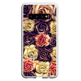 Чехол для Samsung Galaxy S10 с принтом Шоколадные розы в Курске, Силикон | Область печати: задняя сторона чехла, без боковых панелей | Тематика изображения на принте: бабушке | девочке | девушке | дочке | желтые цветы | женщине | маме | подруге | природа | розовые цветы | розы | сестре | теще | тюльпаны | цветы