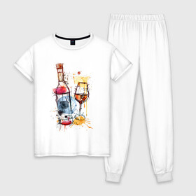 Женская пижама хлопок с принтом Винишко арт в Курске, 100% хлопок | брюки и футболка прямого кроя, без карманов, на брюках мягкая резинка на поясе и по низу штанин | акварель | бокал | бутылка | вино | винцо | грусть | краски | одна