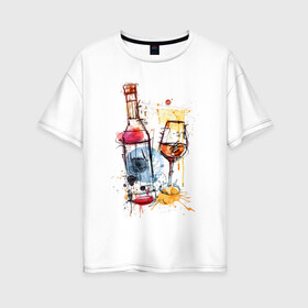 Женская футболка хлопок Oversize с принтом Винишко арт в Курске, 100% хлопок | свободный крой, круглый ворот, спущенный рукав, длина до линии бедер
 | акварель | бокал | бутылка | вино | винцо | грусть | краски | одна