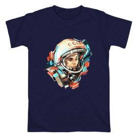 Мужская футболка хлопок с принтом Гагарин в Курске, 100% хлопок | прямой крой, круглый вырез горловины, длина до линии бедер, слегка спущенное плечо. | Тематика изображения на принте: 12 апреля | астронавт | вселенная | день космонавтики | звезды | космонавт | космос | луна | планета | поехали | полет | ссср | юрий