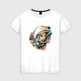 Женская футболка хлопок с принтом Гагарин в Курске, 100% хлопок | прямой крой, круглый вырез горловины, длина до линии бедер, слегка спущенное плечо | 12 апреля | астронавт | вселенная | день космонавтики | звезды | космонавт | космос | луна | планета | поехали | полет | ссср | юрий