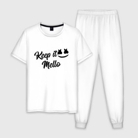Мужская пижама хлопок с принтом Keep it Mello (Marshmello) в Курске, 100% хлопок | брюки и футболка прямого кроя, без карманов, на брюках мягкая резинка на поясе и по низу штанин
 | christopher comstock | dj | keep | keep it mello | marshmello | mello | music | диджей | клубная музыка | клубняк | крис комсток | логотип | маршмеллоу | музыка