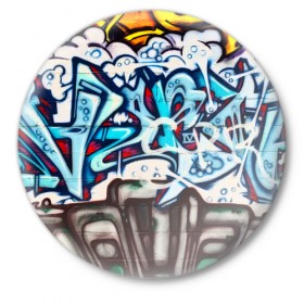 Значок с принтом Graffiti в Курске,  металл | круглая форма, металлическая застежка в виде булавки | Тематика изображения на принте: grafity | paint | street art | urban | город | граффити | искусство | кирпичи | краски | рисунки | стена | улицы | уличное искусство