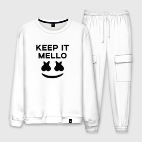 Мужской костюм хлопок с принтом KEEP IT MELLO (Marshmello) в Курске, 100% хлопок | на свитшоте круглая горловина, мягкая резинка по низу. Брюки заужены к низу, на них два вида карманов: два “обычных” по бокам и два объемных, с клапанами, расположенные ниже линии бедра. Брюки с мягкой трикотажной резинкой на поясе и по низу штанин. В поясе для дополнительного комфорта — широкие завязки | Тематика изображения на принте: christopher comstock | dj | keep it mello | marshmello | mello | music | диджей | клубная музыка | клубняк | крис комсток | логотип | маршмеллоу | музыка