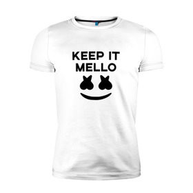 Мужская футболка премиум с принтом KEEP IT MELLO (Marshmello) в Курске, 92% хлопок, 8% лайкра | приталенный силуэт, круглый вырез ворота, длина до линии бедра, короткий рукав | Тематика изображения на принте: christopher comstock | dj | keep it mello | marshmello | mello | music | диджей | клубная музыка | клубняк | крис комсток | логотип | маршмеллоу | музыка