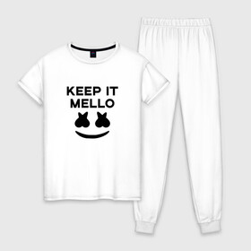 Женская пижама хлопок с принтом KEEP IT MELLO (Marshmello) в Курске, 100% хлопок | брюки и футболка прямого кроя, без карманов, на брюках мягкая резинка на поясе и по низу штанин | Тематика изображения на принте: christopher comstock | dj | keep it mello | marshmello | mello | music | диджей | клубная музыка | клубняк | крис комсток | логотип | маршмеллоу | музыка