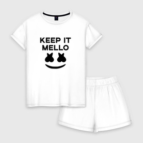 Женская пижама с шортиками хлопок с принтом KEEP IT MELLO (Marshmello) в Курске, 100% хлопок | футболка прямого кроя, шорты свободные с широкой мягкой резинкой | christopher comstock | dj | keep it mello | marshmello | mello | music | диджей | клубная музыка | клубняк | крис комсток | логотип | маршмеллоу | музыка