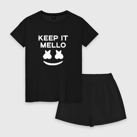 Женская пижама с шортиками хлопок с принтом KEEP IT MELLO (Marshmello) в Курске, 100% хлопок | футболка прямого кроя, шорты свободные с широкой мягкой резинкой | Тематика изображения на принте: christopher comstock | dj | keep it mello | marshmello | mello | music | диджей | клубная музыка | клубняк | крис комсток | логотип | маршмеллоу | музыка