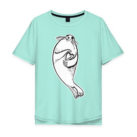 Мужская футболка хлопок Oversize с принтом Нерпа Нина с Байкалом в Курске, 100% хлопок | свободный крой, круглый ворот, “спинка” длиннее передней части | baikal | irkutsk | байкал | иркутск | нерпа