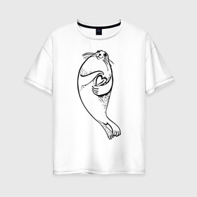 Женская футболка хлопок Oversize с принтом Нерпа Нина с Байкалом в Курске, 100% хлопок | свободный крой, круглый ворот, спущенный рукав, длина до линии бедер
 | baikal | irkutsk | байкал | иркутск | нерпа