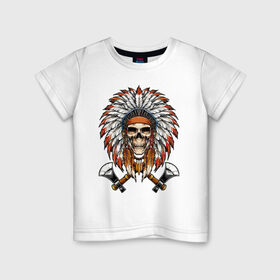 Детская футболка хлопок с принтом Индейский череп с топорами в Курске, 100% хлопок | круглый вырез горловины, полуприлегающий силуэт, длина до линии бедер | индейцы | куп | орёл | перья | роуч | скелет | томагавк | топор
