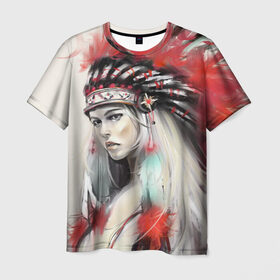 Мужская футболка 3D с принтом Индейская девушка в Курске, 100% полиэфир | прямой крой, круглый вырез горловины, длина до линии бедер | Тематика изображения на принте: африка | индейцы | куп | перо | перья | этно