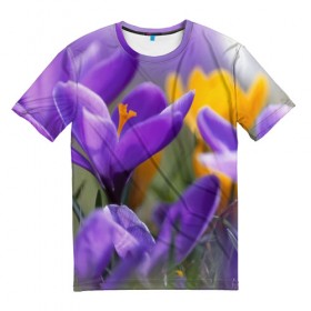 Мужская футболка 3D с принтом Фиолетовые цветы в Курске, 100% полиэфир | прямой крой, круглый вырез горловины, длина до линии бедер | бабушке | девочке | девушке | дочке | желтые цветы | женщине | маме | подруге | природа | розовые цветы | розы | сестре | теще | тюльпаны | цветы
