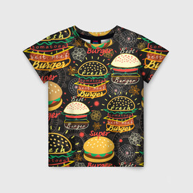 Детская футболка 3D с принтом Гамбургеры в Курске, 100% гипоаллергенный полиэфир | прямой крой, круглый вырез горловины, длина до линии бедер, чуть спущенное плечо, ткань немного тянется | hamburgers | sandwic | булочка | бутерброды | быстрая | гамбургер | гамбургеры | геометрический | графика | еда | зелень | иллюстрация | картинка | кунжут | мода | мясо | надпись | орнамент | рисунок | свежий