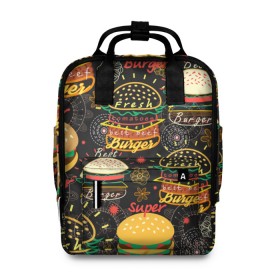 Женский рюкзак 3D с принтом Гамбургеры в Курске, 100% полиэстер | лямки с регулируемой длиной, сверху ручки, чтобы рюкзак нести как сумку. Основное отделение закрывается на молнию, как и внешний карман. Внутри два дополнительных кармана, один из которых закрывается на молнию. По бокам два дополнительных кармашка, куда поместится маленькая бутылочка
 | hamburgers | sandwic | булочка | бутерброды | быстрая | гамбургер | гамбургеры | геометрический | графика | еда | зелень | иллюстрация | картинка | кунжут | мода | мясо | надпись | орнамент | рисунок | свежий