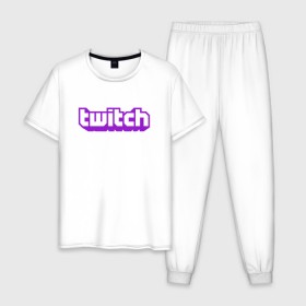 Мужская пижама хлопок с принтом Twitch Logo в Курске, 100% хлопок | брюки и футболка прямого кроя, без карманов, на брюках мягкая резинка на поясе и по низу штанин
 | game | gamer | logo | twitch | twitties | игры | логотип | стрим | твитч