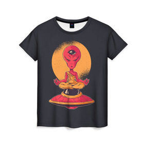 Женская футболка 3D с принтом Пришелец в Курске, 100% полиэфир ( синтетическое хлопкоподобное полотно) | прямой крой, круглый вырез горловины, длина до линии бедер | alien | ufo | инопланетяне | инопланетянин | медитация | нло | пришелец | пришельцы