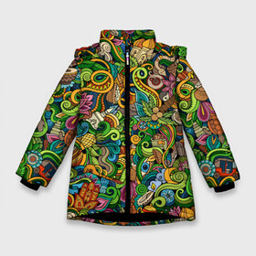 Зимняя куртка для девочек 3D с принтом Тибетский коллаж в Курске, ткань верха — 100% полиэстер; подклад — 100% полиэстер, утеплитель — 100% полиэстер. | длина ниже бедра, удлиненная спинка, воротник стойка и отстегивающийся капюшон. Есть боковые карманы с листочкой на кнопках, утяжки по низу изделия и внутренний карман на молнии. 

Предусмотрены светоотражающий принт на спинке, радужный светоотражающий элемент на пуллере молнии и на резинке для утяжки. | ti | ананас | архитектура | будда | графика | деревья | зелень | земля | змея | иллюстрация | картинка | кокосы | коллаж | купола | листья | мода | орнамент | пальмы | рисунок | священная | стиль | узоры