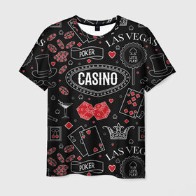 Мужская футболка 3D с принтом Казино в Курске, 100% полиэфир | прямой крой, круглый вырез горловины, длина до линии бедер | casi | азарт | америка | белый | город | графика | давай | игра | играть | игрок | иллюстрация | искусство | казино | картинка | карты | корона | красный | кубики | лас вегас | масти | мода | орнамент | покер