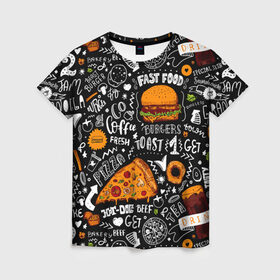 Женская футболка 3D с принтом Fast food в Курске, 100% полиэфир ( синтетическое хлопкоподобное полотно) | прямой крой, круглый вырез горловины, длина до линии бедер | fast | food | hambu | булочка | бутерброды | быстрое | гамбургеры | графика | еда | зелень | иллюстрация | картинка | кунжут | мода | мясо | надпись | орнамент | питание | пицца | пончики | рисунок | свежий