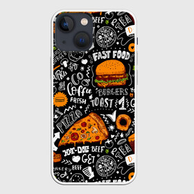 Чехол для iPhone 13 mini с принтом Fast food в Курске,  |  | fast | food | hambu | булочка | бутерброды | быстрое | гамбургеры | графика | еда | зелень | иллюстрация | картинка | кунжут | мода | мясо | надпись | орнамент | питание | пицца | пончики | рисунок | свежий