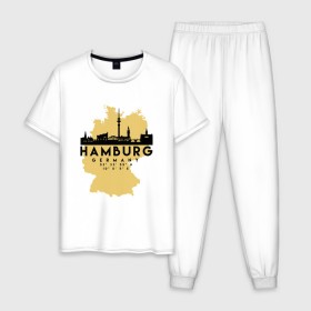 Мужская пижама хлопок с принтом Гамбург - Германия в Курске, 100% хлопок | брюки и футболка прямого кроя, без карманов, на брюках мягкая резинка на поясе и по низу штанин
 | adventure | city | germany | travel | world | берлин | гамбург | германия | город | государство | европа | жизнь | карта | культура | люди | мир | народ | партиот | планета | приключение | путешествие | спорт | ссср | столи