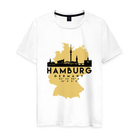 Мужская футболка хлопок с принтом Гамбург - Германия в Курске, 100% хлопок | прямой крой, круглый вырез горловины, длина до линии бедер, слегка спущенное плечо. | adventure | city | germany | travel | world | берлин | гамбург | германия | город | государство | европа | жизнь | карта | культура | люди | мир | народ | партиот | планета | приключение | путешествие | спорт | ссср | столи