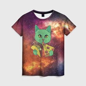 Женская футболка 3D с принтом Космический Кот в Курске, 100% полиэфир ( синтетическое хлопкоподобное полотно) | прямой крой, круглый вырез горловины, длина до линии бедер | cat | cosmic | galaxy | pizza | taco | в космосе | галактика | космос | кот | коты | пицца | тако