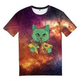Мужская футболка 3D с принтом Космический Кот в Курске, 100% полиэфир | прямой крой, круглый вырез горловины, длина до линии бедер | cat | cosmic | galaxy | pizza | taco | в космосе | галактика | космос | кот | коты | пицца | тако