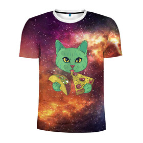 Мужская футболка 3D спортивная с принтом Космический Кот в Курске, 100% полиэстер с улучшенными характеристиками | приталенный силуэт, круглая горловина, широкие плечи, сужается к линии бедра | cat | cosmic | galaxy | pizza | taco | в космосе | галактика | космос | кот | коты | пицца | тако