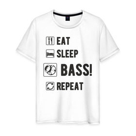 Мужская футболка хлопок с принтом Eat, sleep, bass, repeat в Курске, 100% хлопок | прямой крой, круглый вырез горловины, длина до линии бедер, слегка спущенное плечо. | автозвук | басы | музыка | сабвуфер