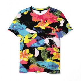 Мужская футболка 3D с принтом ЦВЕТНАЯ ФУТБОЛКА в Курске, 100% полиэфир | прямой крой, круглый вырез горловины, длина до линии бедер | попугай | цветная | цветы