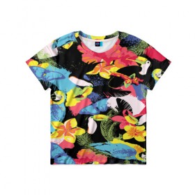 Детская футболка 3D с принтом ЦВЕТНАЯ ФУТБОЛКА в Курске, 100% гипоаллергенный полиэфир | прямой крой, круглый вырез горловины, длина до линии бедер, чуть спущенное плечо, ткань немного тянется | попугай | цветная | цветы