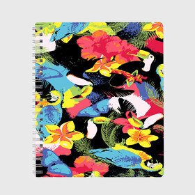 Тетрадь с принтом ЦВЕТНАЯ ФУТБОЛКА в Курске, 100% бумага | 48 листов, плотность листов — 60 г/м2, плотность картонной обложки — 250 г/м2. Листы скреплены сбоку удобной пружинной спиралью. Уголки страниц и обложки скругленные. Цвет линий — светло-серый
 | попугай | цветная | цветы