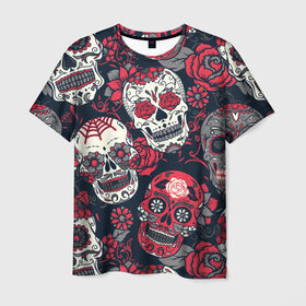 Мужская футболка 3D с принтом Мексиканские черепа в Курске, 100% полиэфир | прямой крой, круглый вырез горловины, длина до линии бедер | графика | день мертвых | знак | иллюстрация | искусство | картинка | мексика | мексиканские | мода | национальный | орнамент | паутина | поминки | праздник | рисунок | розы | ромашки | символ | стиль