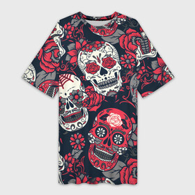 Платье-футболка 3D с принтом Мексиканские черепа в Курске,  |  | графика | день мертвых | знак | иллюстрация | искусство | картинка | мексика | мексиканские | мода | национальный | орнамент | паутина | поминки | праздник | рисунок | розы | ромашки | символ | стиль