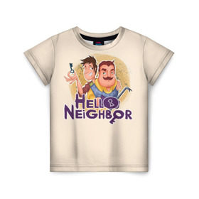 Детская футболка 3D с принтом Hello Neighbor в Курске, 100% гипоаллергенный полиэфир | прямой крой, круглый вырез горловины, длина до линии бедер, чуть спущенное плечо, ткань немного тянется | Тематика изображения на принте: hello | horror | neighbor | survival | дом | нейбор | паркура | привет | сосед | стратегия | хеллоу