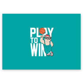 Поздравительная открытка с принтом Play to win в Курске, 100% бумага | плотность бумаги 280 г/м2, матовая, на обратной стороне линовка и место для марки
 | баскетбол | баскетбольный | бейсболка | графика | животное | зелёный | играй | иллюстрация | картинка | комбинезон | кот | кроссовки | крутит | мода | мяч | на пальце | надпись | очки | победы | ради