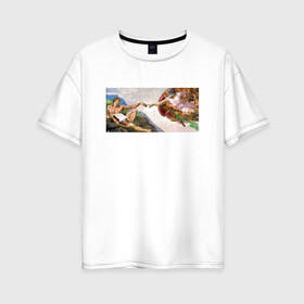 Женская футболка хлопок Oversize с принтом Сотворение Адама с Пончиками в Курске, 100% хлопок | свободный крой, круглый ворот, спущенный рукав, длина до линии бедер
 | адам и ева | ангелы | бог | булочка | вкусняшка | возрождение | выпечка | галерея | еда | живопись | искусство | капелла | картина | лувр | масло | рафаэль | холст | художник | эрмитаж | юмор