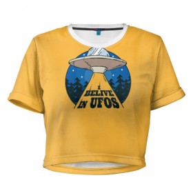 Женская футболка 3D укороченная с принтом Я верю в НЛО в Курске, 100% полиэстер | круглая горловина, длина футболки до линии талии, рукава с отворотами | alien | ufo | инопланетяне | инопланетянин | нло | пришелец | пришельцы
