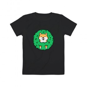 Детская футболка хлопок с принтом Bush Shiba Inu в Курске, 100% хлопок | круглый вырез горловины, полуприлегающий силуэт, длина до линии бедер | акита | аниме | зелень | китай | куст | милый | пес | песик | собака | собачка | щенок | япония