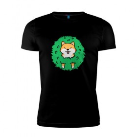 Мужская футболка премиум с принтом Bush Shiba Inu в Курске, 92% хлопок, 8% лайкра | приталенный силуэт, круглый вырез ворота, длина до линии бедра, короткий рукав | Тематика изображения на принте: акита | аниме | зелень | китай | куст | милый | пес | песик | собака | собачка | щенок | япония