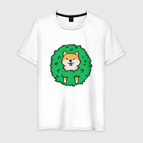 Мужская футболка хлопок с принтом Bush Shiba Inu в Курске, 100% хлопок | прямой крой, круглый вырез горловины, длина до линии бедер, слегка спущенное плечо. | акита | аниме | зелень | китай | куст | милый | пес | песик | собака | собачка | щенок | япония