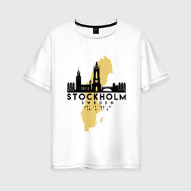 Женская футболка хлопок Oversize с принтом Стокгольм - Швеция в Курске, 100% хлопок | свободный крой, круглый ворот, спущенный рукав, длина до линии бедер
 | adventure | city | sweden | travel | world | город | государство | европа | жизнь | карта | культура | люди | мир | народ | памят | партиот | планета | приключение | путешествие | спорт | ссср | стокгольм | столица | страна