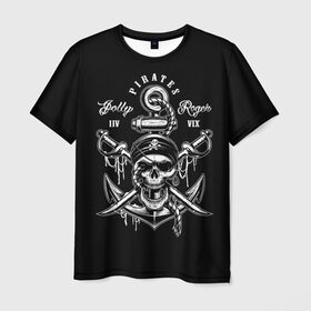 Мужская футболка 3D с принтом Pirates в Курске, 100% полиэфир | прямой крой, круглый вырез горловины, длина до линии бедер | b | pirates | robbers | sea | skull | бандана | веселый | графика | иллюстрация | канат | картинка | кости | логотип | мода | морские | надпись | оружие | пираты | платок | разбойники | рисунок | роджер | сабли | стиль